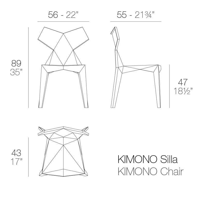 Rysunek techniczny krzesła Vondom Kimono 54299, 56 x 55 x 89 cm