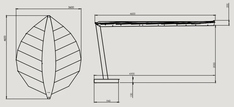 Rysunek techniczny parasola Heatsail LEAF, widok z góry i z boku