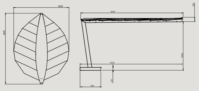 Rysunek techniczny parasola Heatsail LEAF, widok z góry i z boku