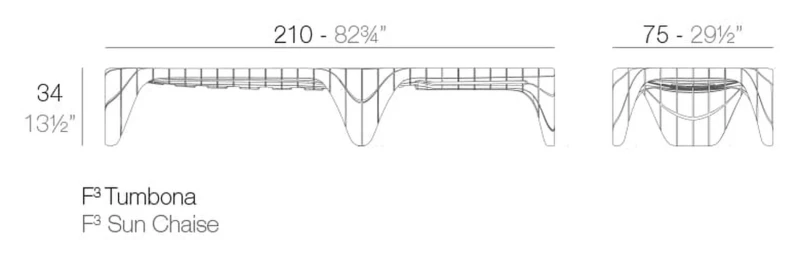 Rysunek techniczny leżaka Vondom F3-210 x 75 x 34 cm