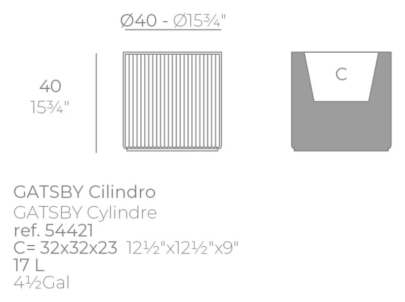 Rysunek techniczny donicy Vondom Gatsby ø40x40 z wymiarami wkładu 32x32x23 cm i pojemnością 17 l
