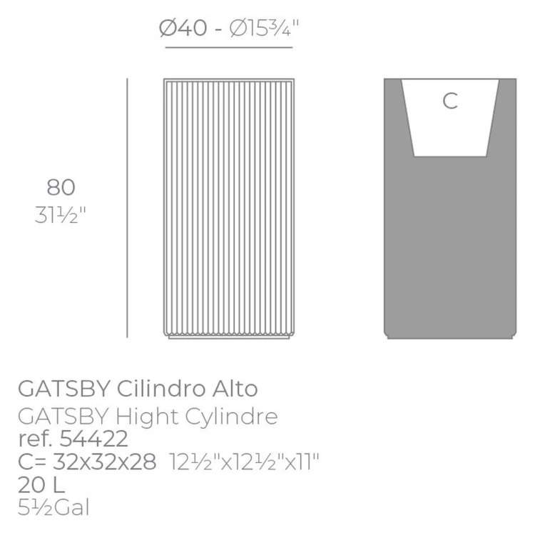 Rysunek techniczny okrągłej donicy Vondom Gatsby ø40x80 (ref. 54422) – wkład 32x32x28 cm i 20 l