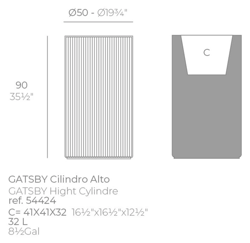 Rysunek techniczny okrągłej donicy Vondom Gatsby ø50x90 (ref. 54424): wkład 41x41x32 cm i 32 l