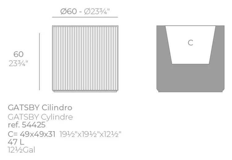 Rysunek techniczny okrągłej donicy Vondom Gatsby ø60x60 (ref. 54425) – wkład 49x49x31 cm i 47 l