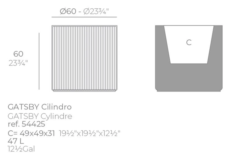 Rysunek techniczny okrągłej donicy Vondom Gatsby ø60x60 (ref. 54425): wkład 49x49x31 cm i 47 l