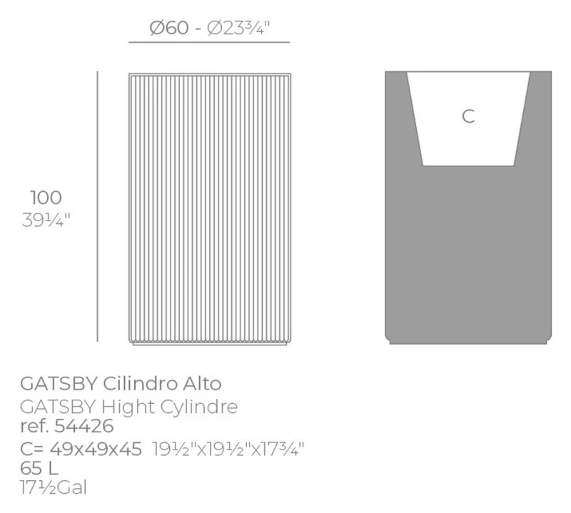 Rysunek techniczny okrągłej donicy Vondom Gatsby ø60x100 (ref. 54426): wkład 49x49x45 cm i 65 l