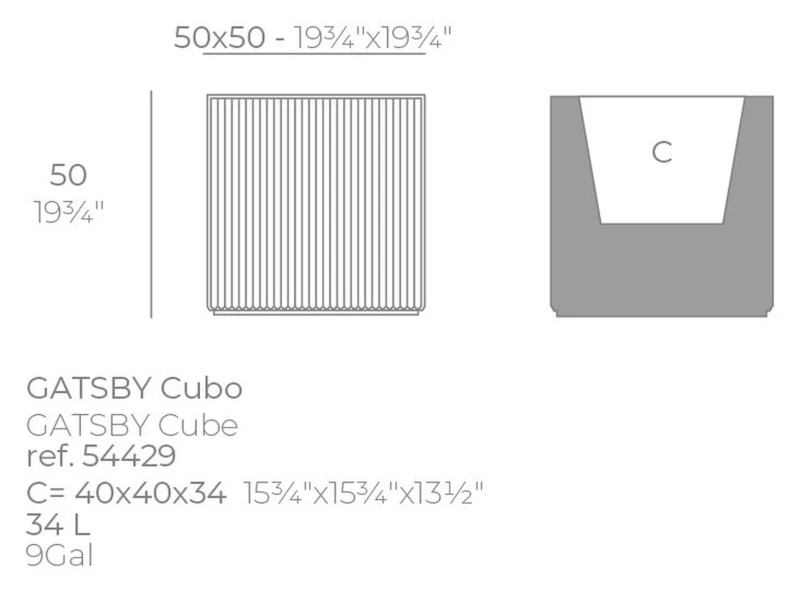 Rysunek techniczny kwadratowej donicy Vondom Gatsby 50x50x50 (ref. 54429): wkład 40x40x34 cm i 34 l