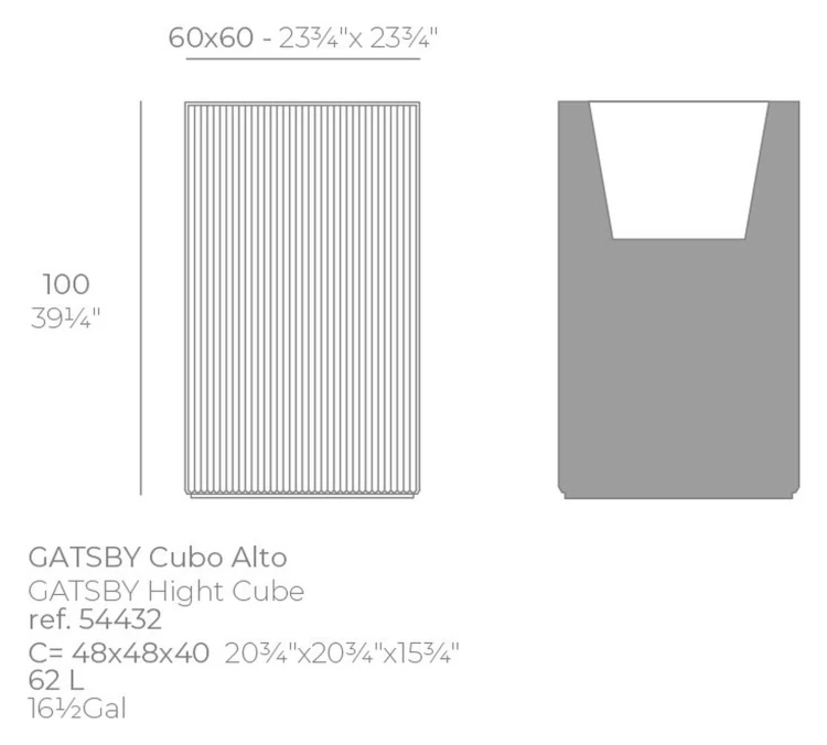 Rysunek techniczny kwadratowej donicy Vondom Gatsby 60x60x100 (ref. 54432) – wkład 48x48x40 cm i 62 l