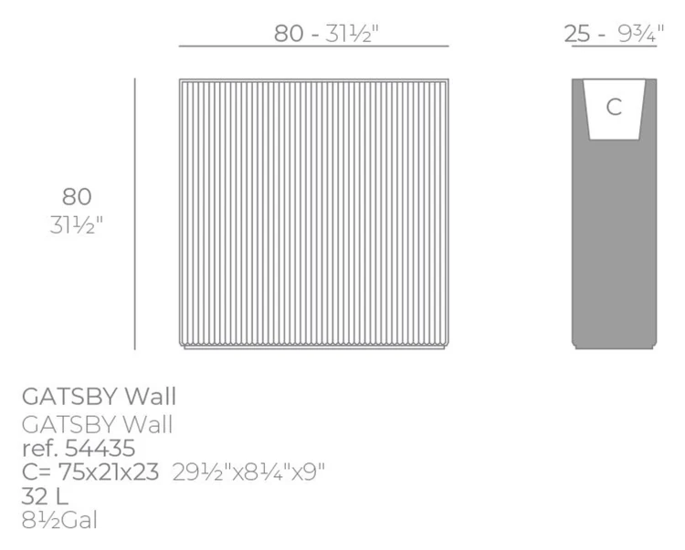 Rysunek techniczny wąskiej prostokątnej donicy Vondom Gatsby 80x25x80 (ref. 54435) – wkład 75x21x23 cm i 32 l