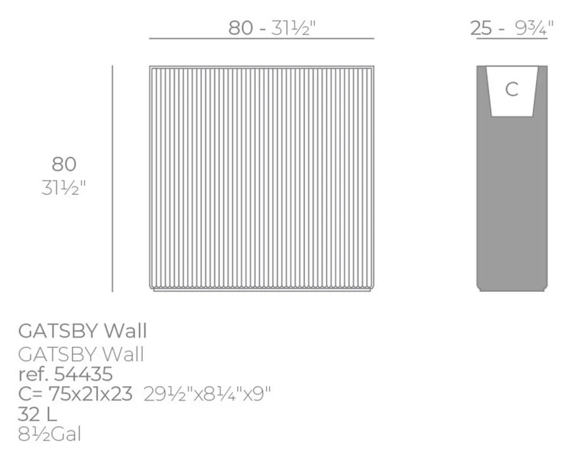 Rysunek techniczny wąskiej prostokątnej donicy Vondom Gatsby 80x25x80 (ref. 54435): wkład 75x21x23 cm i 32 l