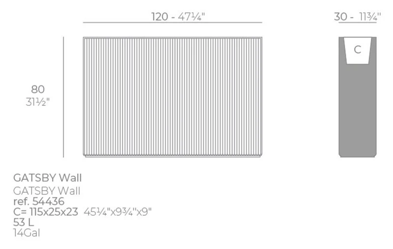 Rysunek techniczny wąskiej prostokątnej donicy Vondom Gatsby 120x30x80 (ref. 54436): wkład 115x25x23 cm i 53 l