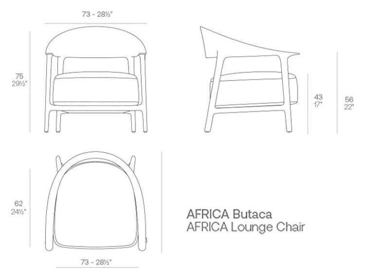 Rysunek techniczny fotela Vondom Africa Lounge, wymiary 73 x 62 x 75 cm