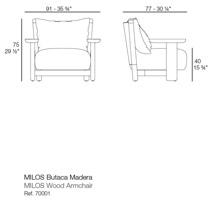 Rysunek techniczny fotela Vondom Milos Wood Lounge, wymiary 91 x 77 x 75 cm