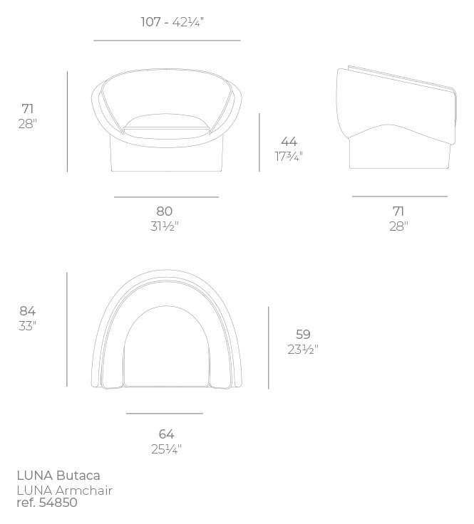 Rysunek techniczny fotela Vondom Luna 54850, 107 x 84 x 71 cm