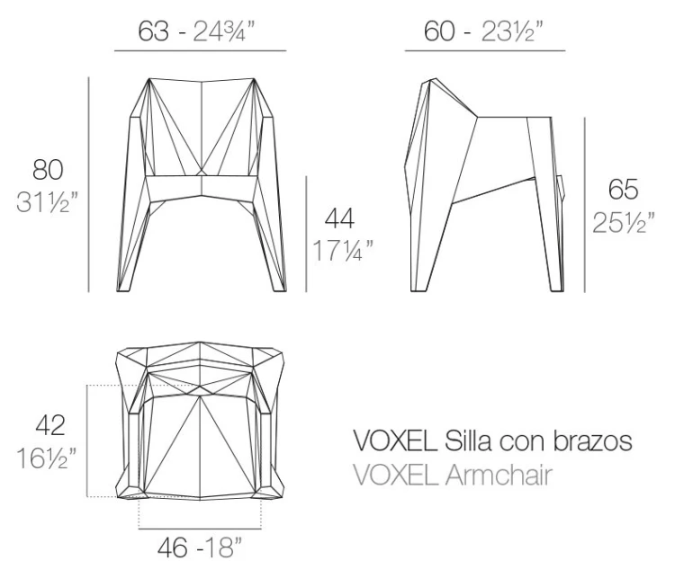 Rysunek techniczny fotela Vondom Voxel, wymiary 63 x 60 x 80 cm