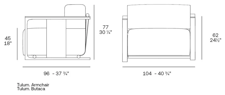 Rysunek techniczny fotela Vondom Tulum, wymiary 104 x 96 x 77 cm