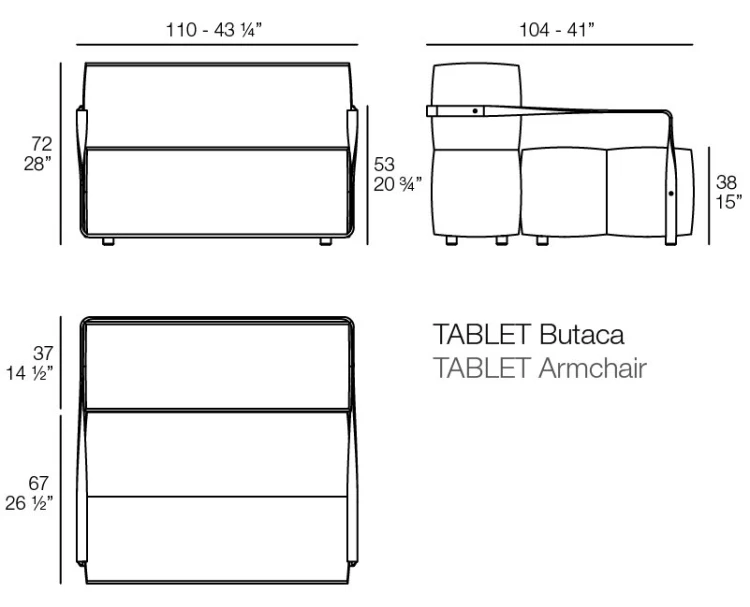 Rysunek techniczny fotela Vondom Tablet, wymiary 110 x 104 x 72 cm