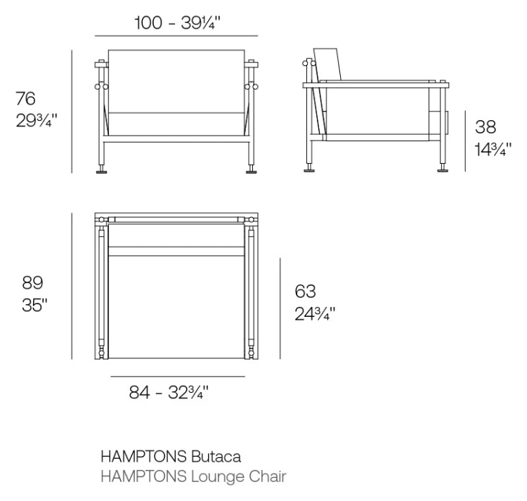 Rysunek techniczny fotela Vondom Hamptons, wymiary 100 x 89 x 76 cm