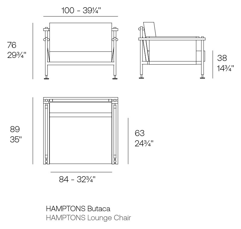Rysunek techniczny fotela Vondom Hamptons, wymiary 100 x 89 x 76 cm