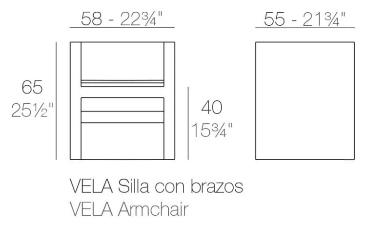 Rysunek techniczny fotela Vondom Vela 54052, wymiary 58 x 55 x 65 cm