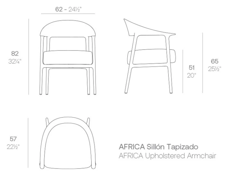 Rysunek techniczny fotela Vondom Africa 65093, wymiary 62 x 57 x 82 cm