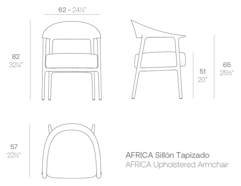 Rysunek techniczny fotela Vondom Africa 65093, wymiary 62 x 57 x 82 cm