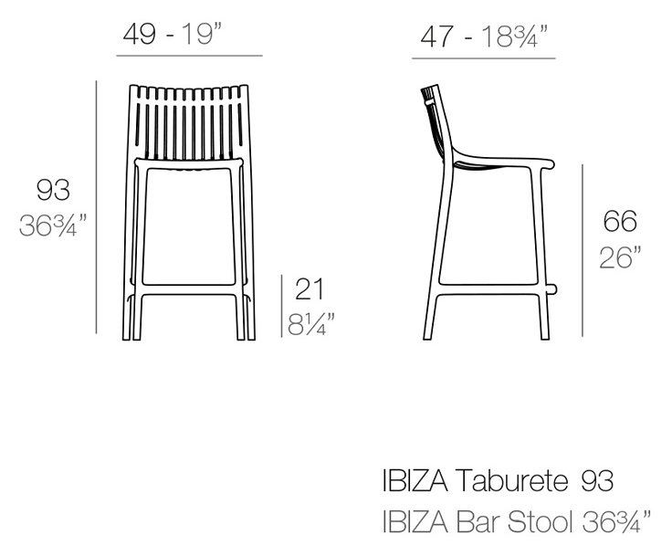 Rysunek techniczny: Krzesło barowe Ibiza Counter Vondom 65051, wymiary 49 x 47 x 93 cm