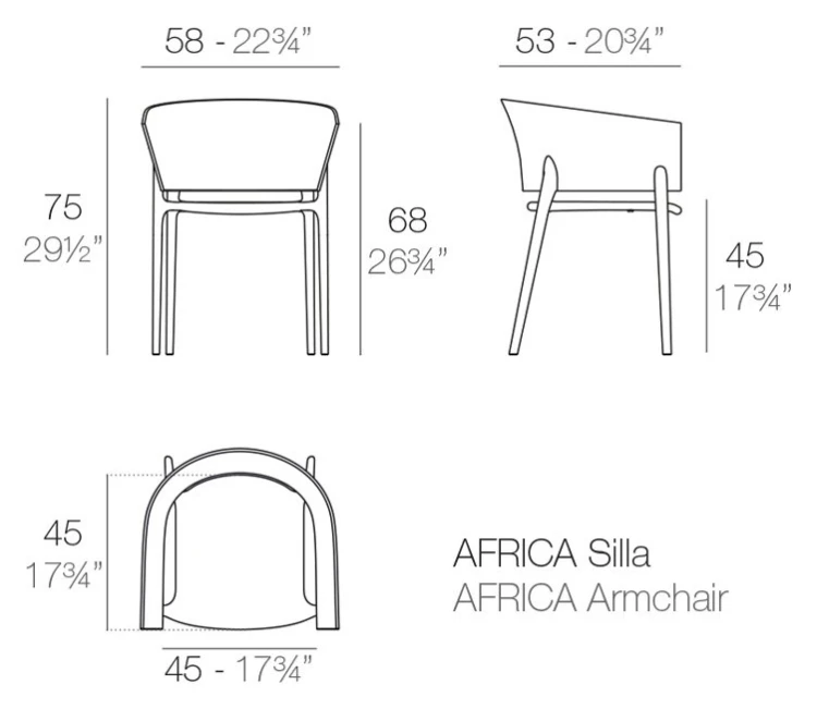Rysunek techniczny: Krzesło Africa z podłokietnikami Vondom 65005, wymiary 58 x 53 x 75 cm