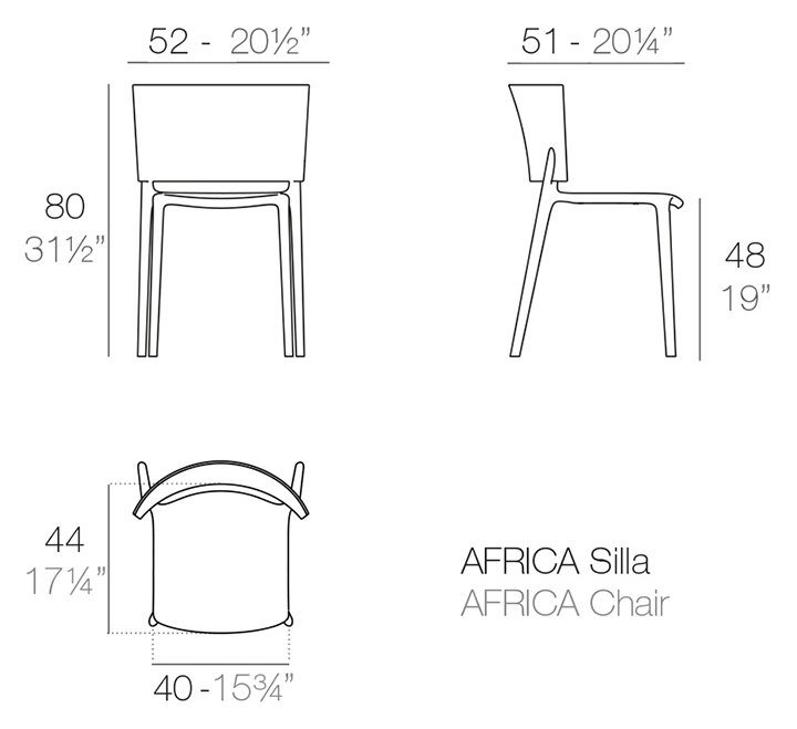 Rysunek techniczny: Krzesło Africa Vondom 65036, wymiary 52 x 51 x 80 cm