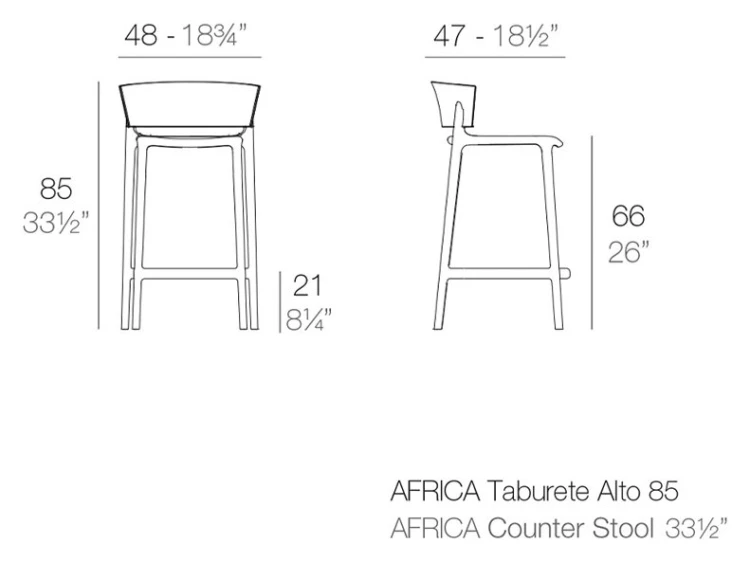 Rysunek techniczny: Krzesło barowe Africa Vondom 65030, wymiary 48 x 47 x 85 cm