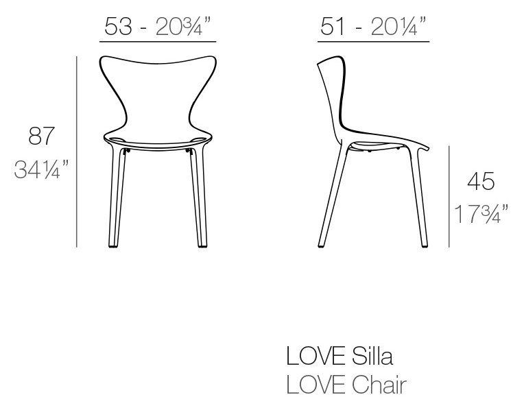 Rysunek techniczny: Krzesło Love Vondom 65042, wymiary 53 x 51 x 87 cm