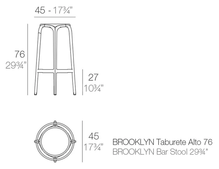 Rysunek techniczny: Hoker barowy Brooklyn Vondom 65027, wymiary 45 x 45 x 76 cm