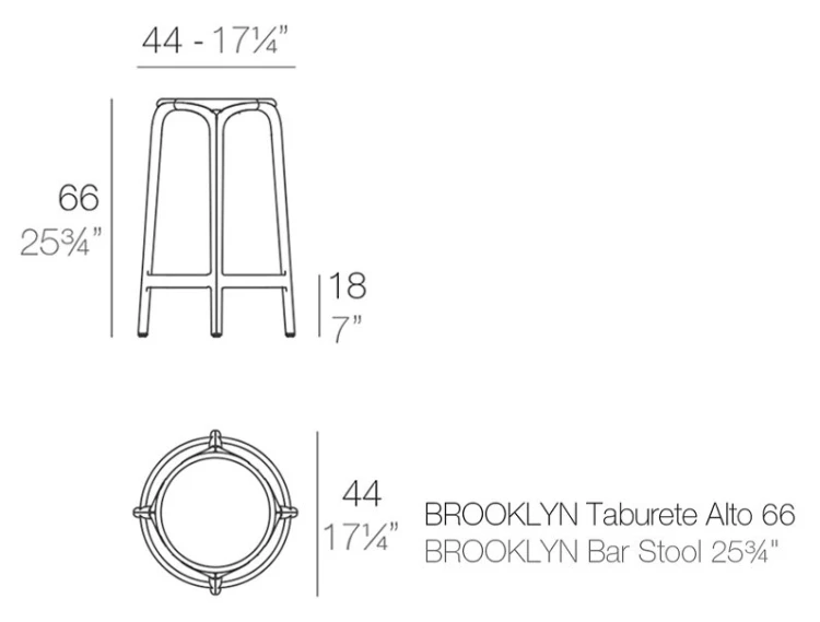 Rysunek techniczny: Hoker Brooklyn 66 cm Vondom 65028, wymiary 44 x 44 x 66 cm