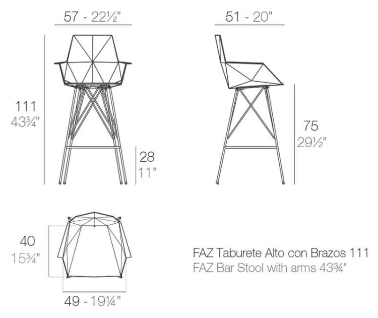 Rysunek techniczny: Krzesło barowe Faz Vondom 54164, wymiary 57 x 51 x 111 cm