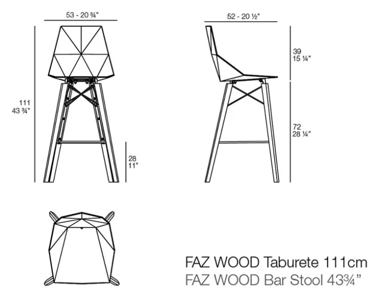 Rysunek techniczny: Krzesło barowe Faz Wood Vondom 54301, wymiary 53 x 52 x 111 cm