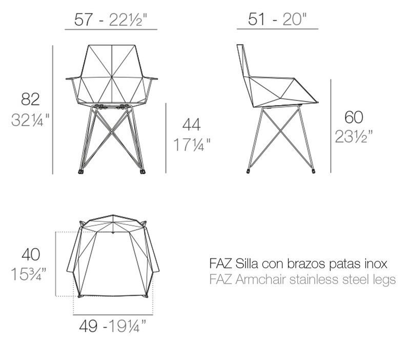 Rysunek techniczny: Krzesło Faz Steel Vondom 54045, wymiary 57 x 51 x 82 cm