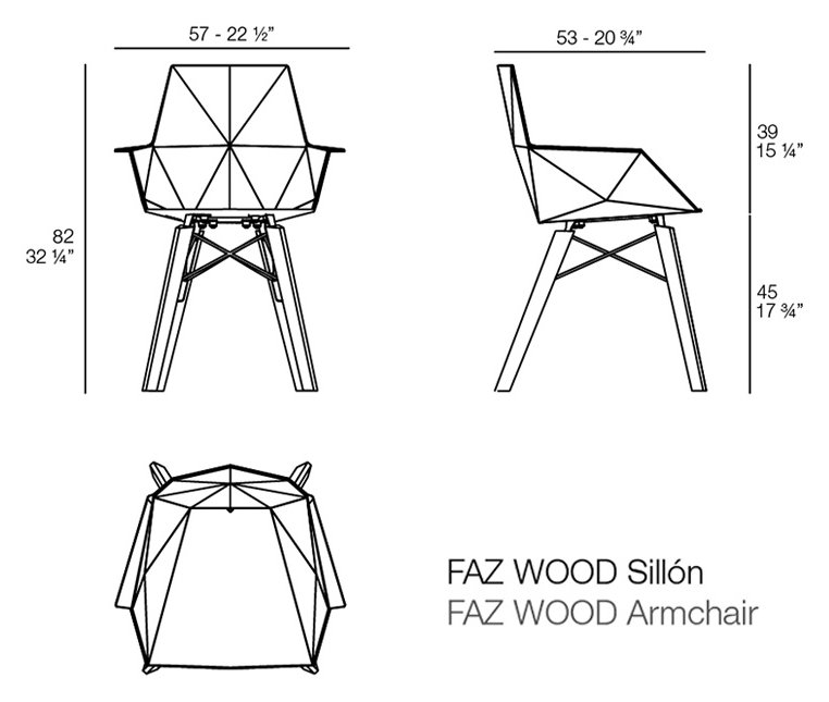 Rysunek techniczny: Krzesło Faz Wood Vondom 54294, wymiary 57 x 53 x 82 cm