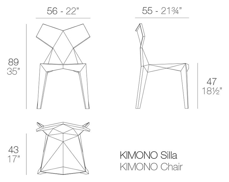 Rysunek techniczny: Krzesło Kimono czarne Vondom 54299, wymiary 56 x 55 x 89 cm