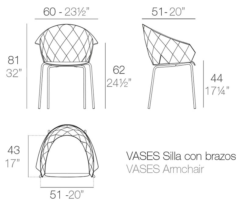 Rysunek techniczny: Krzesło Vases Vondom 47070, wymiary 60 x 51 x 81 cm