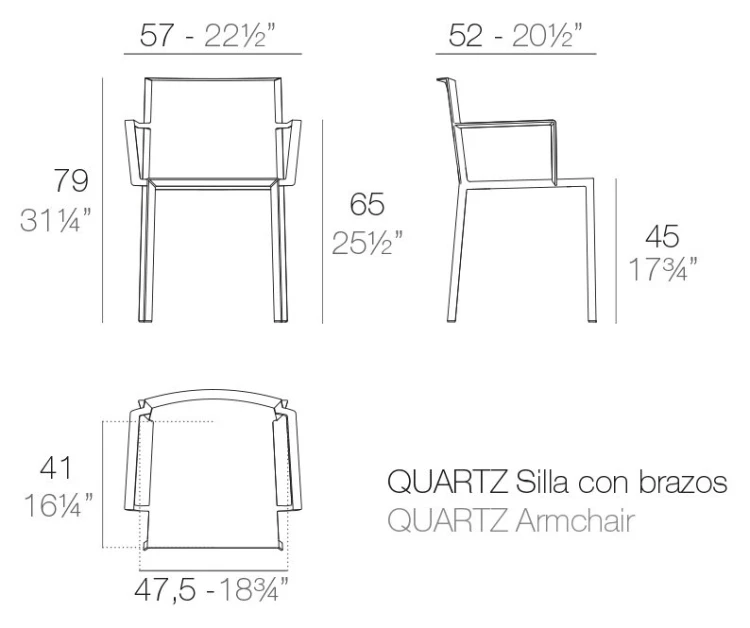 Rysunek techniczny: Krzesło Quartz z podłokietnikami Vondom 54195, wymiary 57 x 52 x 79 cm