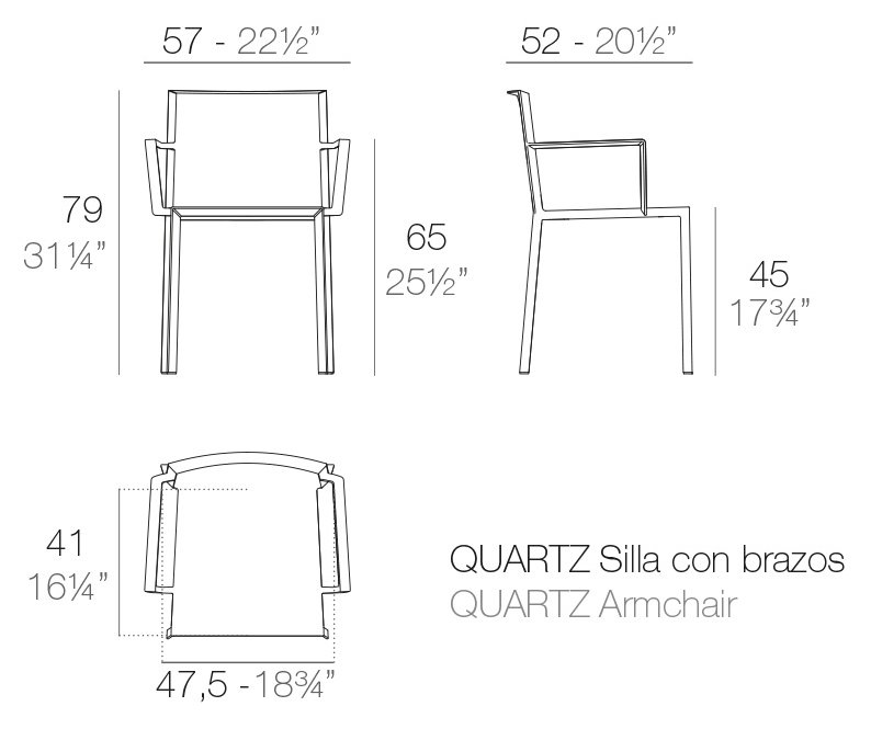 Rysunek techniczny: Krzesło Quartz z podłokietnikami Vondom 54195, wymiary 57 x 52 x 79 cm