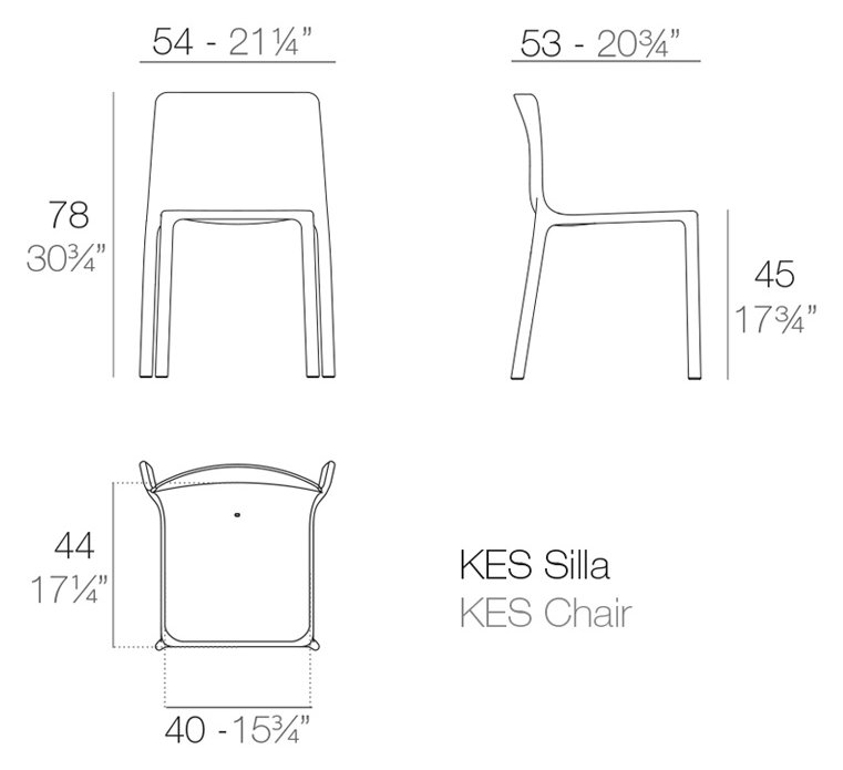 Rysunek techniczny: Krzesło Kes Vondom 64018, wymiary 54 x 53 x 78 cm
