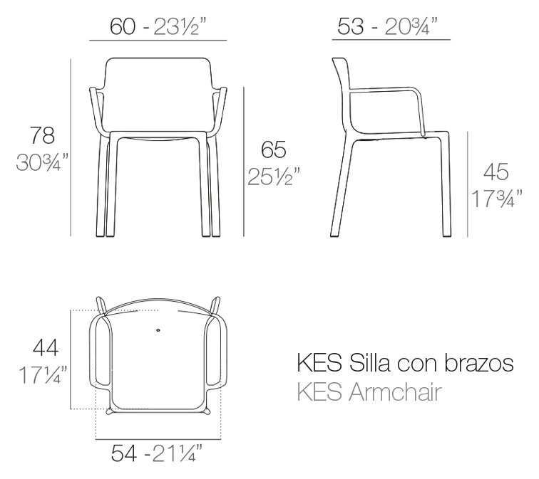 Rysunek techniczny: Krzesło Kes z podłokietnikami Vondom 64017, wymiary 60 x 53 x 78 cm