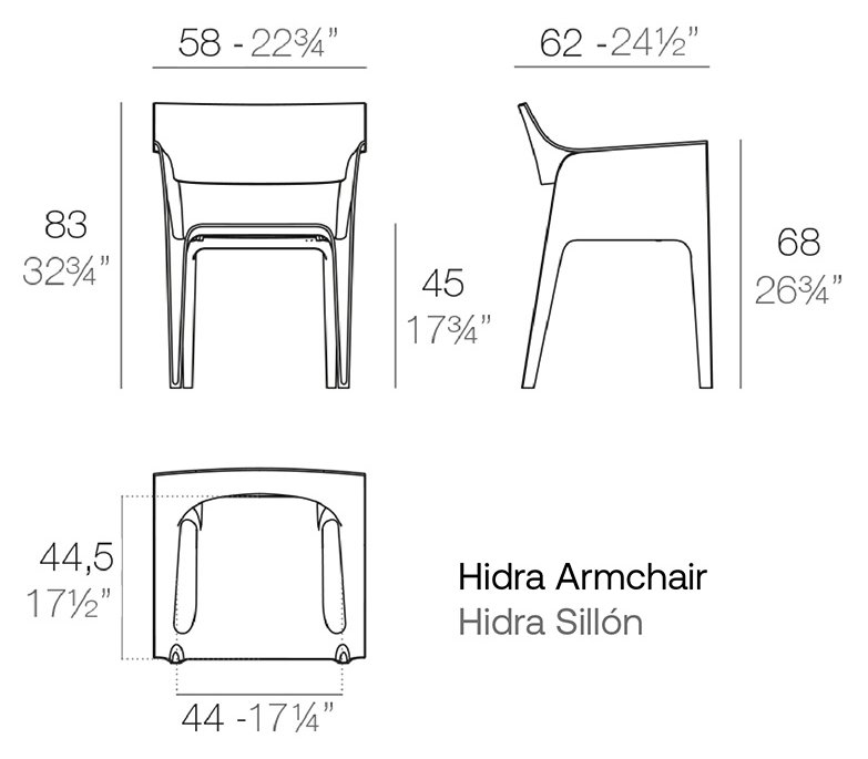 Rysunek techniczny: Krzesło Hidra (Pedrera) Vondom 65004, wymiary 58 x 62 x 83 cm