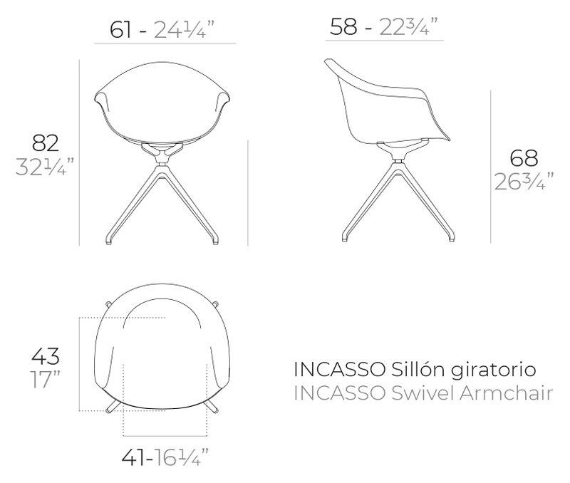 Rysunek techniczny: Krzesło obrotowe Incasso Vondom 56031, wymiary 61 x 58 x 82 cm