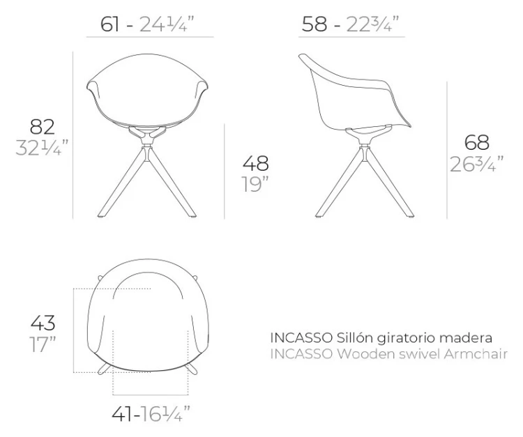 Rysunek techniczny: Krzesło obrotowe Incasso na drewnianych nogach Vondom 56032, wymiary 61 x 58 x 82 cm