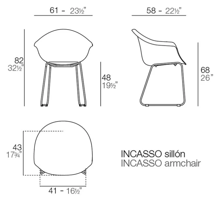 Rysunek techniczny: Krzesło Incasso Vondom 56034, wymiary 61 x 58 x 82 cm