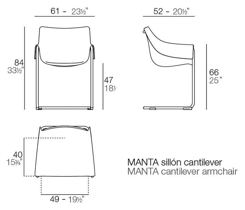 Rysunek techniczny: Krzesło Manta na płozie Vondom 65047, wymiary 61 x 52 x 84 cm