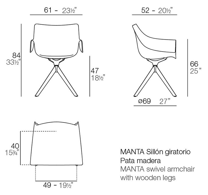 Rysunek techniczny: Krzesło obrotowe Manta Vondom 65053, wymiary 61 x 52 x 84 cm