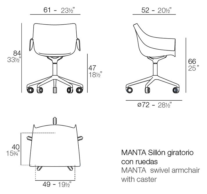 Rysunek techniczny: Krzesło obrotowe Manta na kółkach Vondom 65054, wymiary 61 x 52 x 84 cm